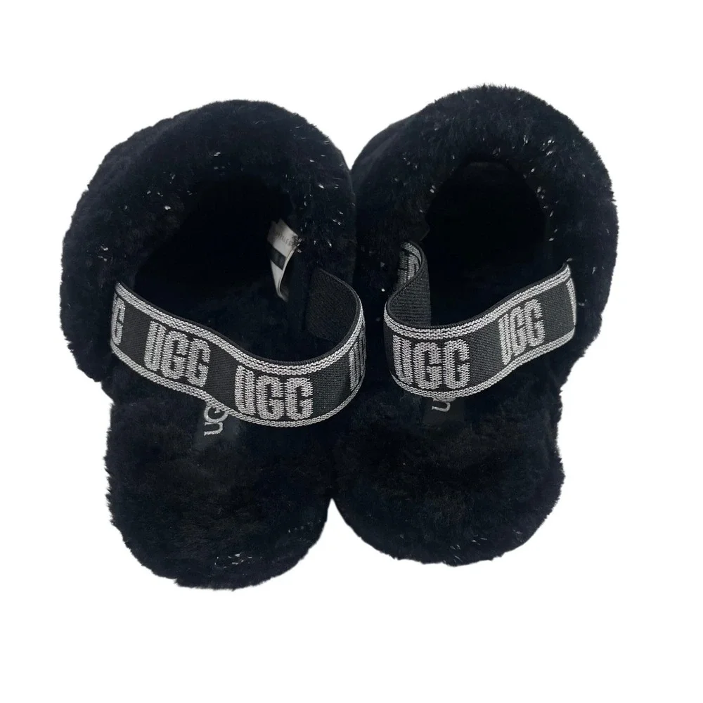 UGG Fluff Yeah Metallic Sparkle Black‎ Slippers Slides Big Kids Size 5 Womens 7